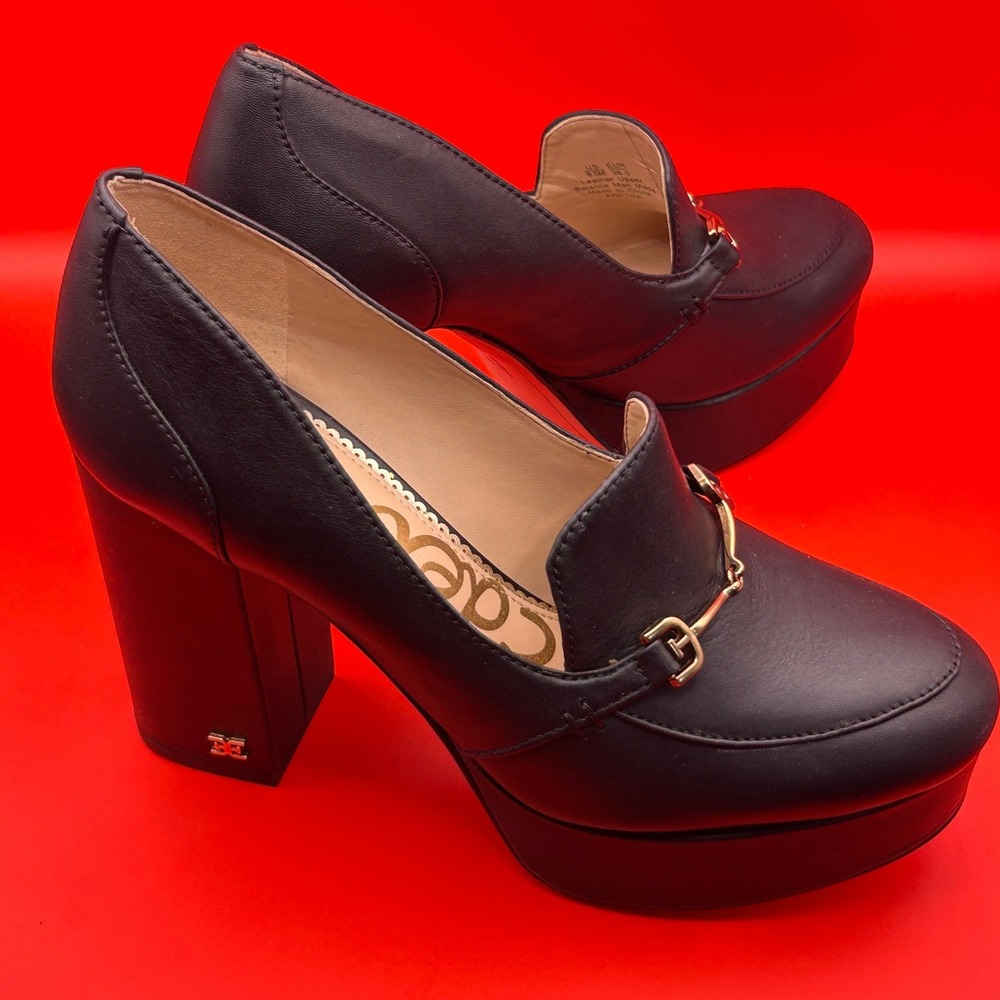 Sam Edelman Aretha Black Leather Platform Loafers Gold Horsebit Block Heel 6.5M